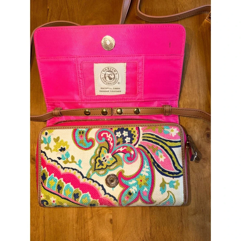 Spartina 449 Paisley Linen Leather Crossbody Wallet Bag Pink Tan Gold‎ Logo